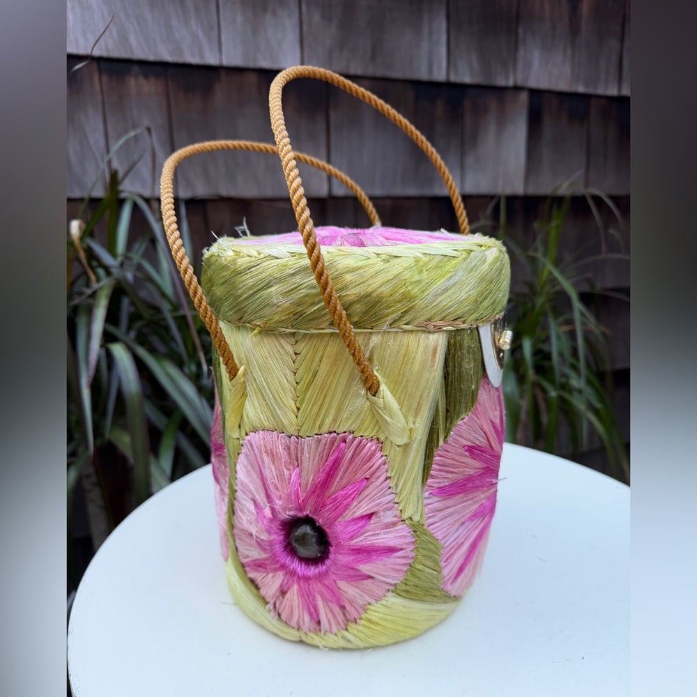 Vintage boho basket tote tall bag floral straw handles pink greens - Picture 3 of 10